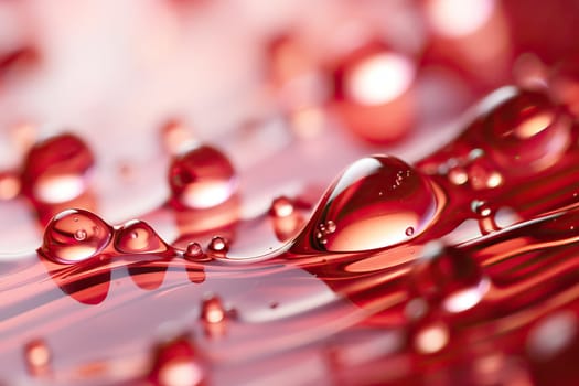 Transparent round drops on a red background, red wallpaper with water drops.