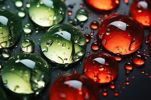 Close-up of transparent drops of liquid on a green-red background, texture of macro drops.