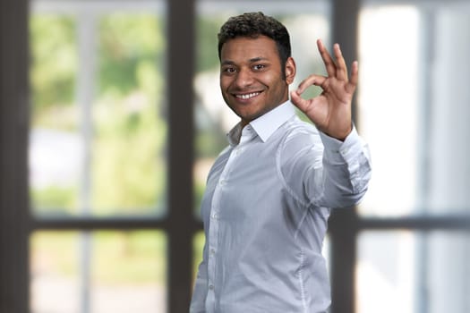 Successful indian businessman showing okay hand gesture. Smiling man giving ok sign on blurred background.