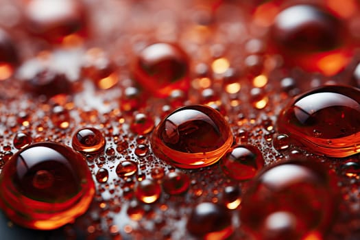 Droplets of different sizes and round shapes of red and bronze color, abstract background with red and bronze water drops.