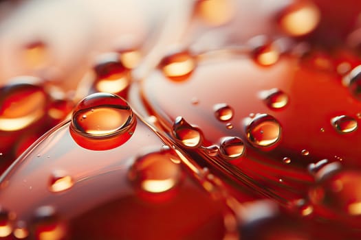 Droplets of different sizes and round shapes of red and bronze color, abstract background with red and bronze water drops.