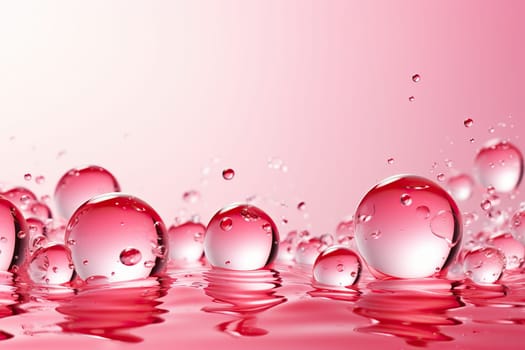 Abstract pink background with drops of various round shapes, pink macro drops of water.