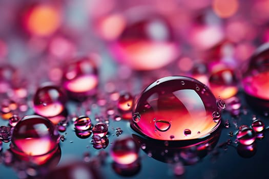 Magenta background with transparent water drops close-up, magenta background with round liquid drops.