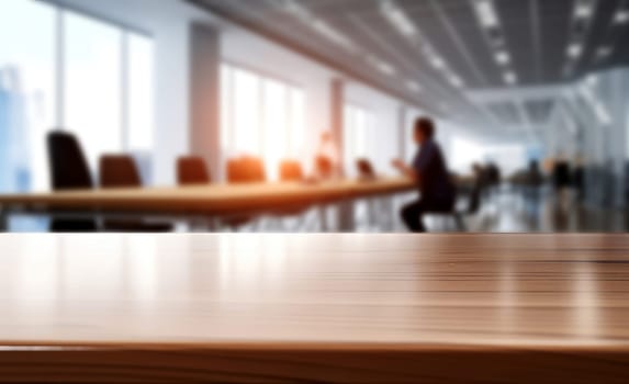 Empty wooden table and chairs in a modern meeting room with city view. Generative AI.