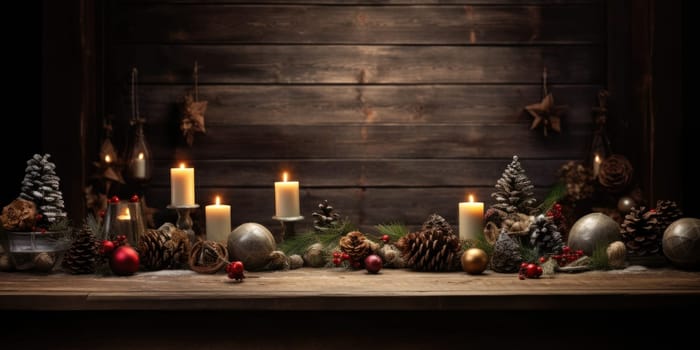 Christmas background with fir tree branch, gifts, on wooden background. .generative AI.