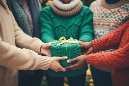 people wearing ugly sweater holding gift. Generative AI.