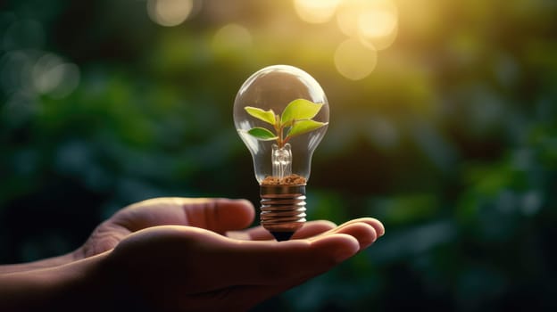 Environmental Sustainability. Hand Holding Light Bulbs and Growing Plants - Save the World, Clean Ecology Concept - Earth Day Banner with Copy Space for Environment Conservation Awareness.