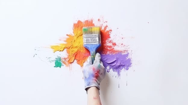 Colorful DIY Renovation. Hand with Glove Holding Paint Brush - Rainbow Splash on White Wall - Home Improvement Concept