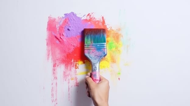 Creative Home Improvement. Hand with Paint Brush and Rainbow Colors - DIY Renovation on White Wall Background