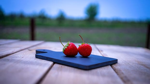 Close up of two strawberries on small black cutting board isolated outdoor on wooden table.