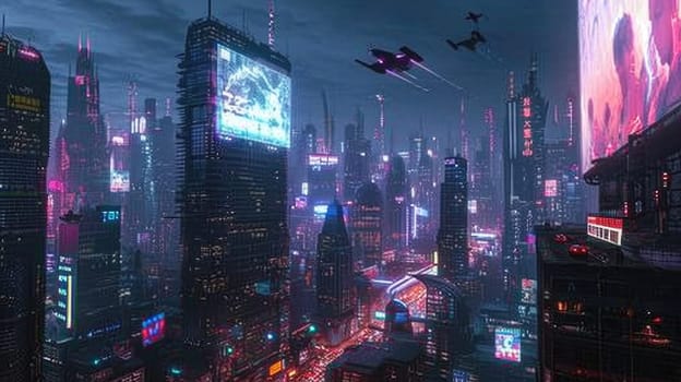 Futuristic city glows with soft hues, complemented by the sleek design of hovering vehicles above the vibrant skyline. Resplendent.