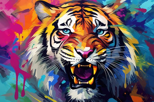 Vibrant and bright and colorful tiger animal portrait poster. AI generated.