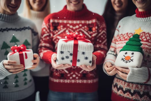 people wearing ugly sweater holding gift. Generative AI.