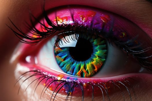 Close-up of a woman's eye in multicolor make up. Generative AI technology..