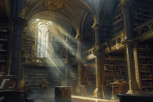 An ancient library filled with magical books, glowing orbs, and mystical artifacts. Shelves reach up to a high, vaulted ceiling, with soft light filtering through stained glass windows. Resplendent.