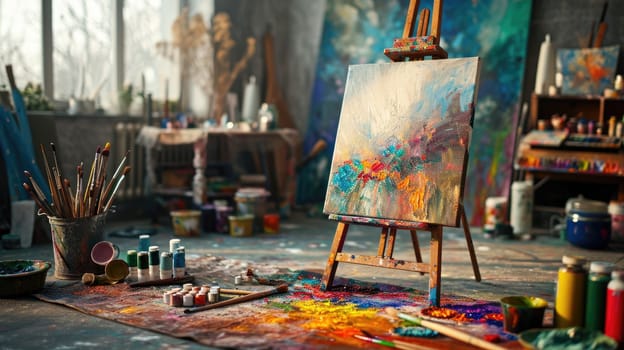 An artist's studio in full creative chaos, paint splattered everywhere, canvases in various stages of completion, vibrant colors clashing and blending. Resplendent.