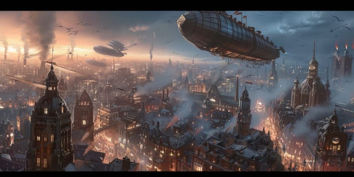 A fleet of steampunk airships hovers above a Victorian-inspired cityscape, enveloped in a golden mist at dawn. Resplendent.