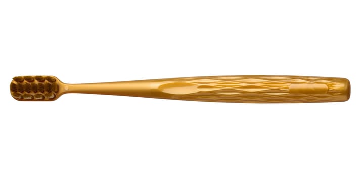 Brown plastic toothbrush on isolated background, top view