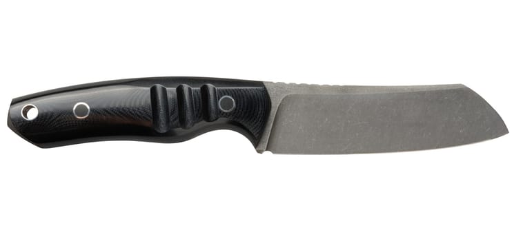 Sharp tactical knife with black handle on isolated background
