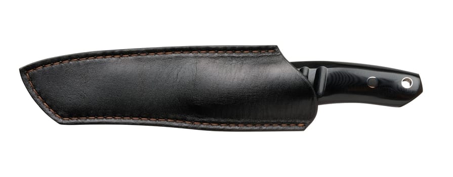 Tactical knife with a black handle in a leather case on an isolated background