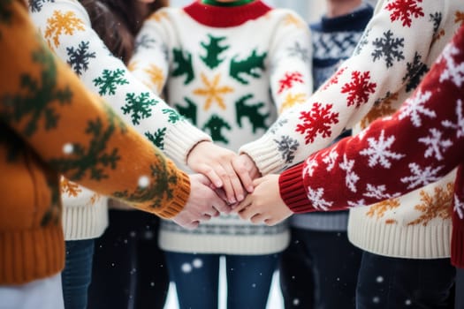 people wearing ugly sweater in circle hand united. Generative AI.