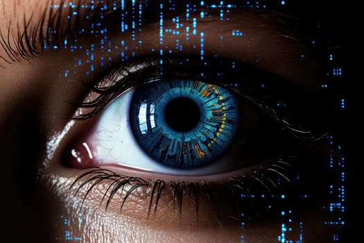 Futuristic woman eye display cyberspace concept science. AI generative.