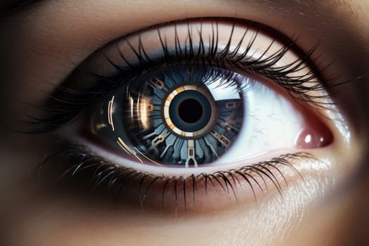 Futuristic woman eye display cyberspace concept science. AI generative.