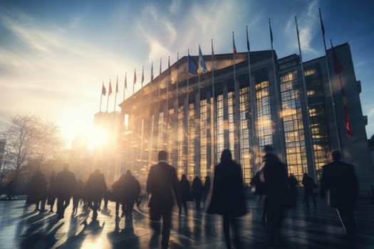 business person Moving crowd motion blurred background. Hand edited generative AI..