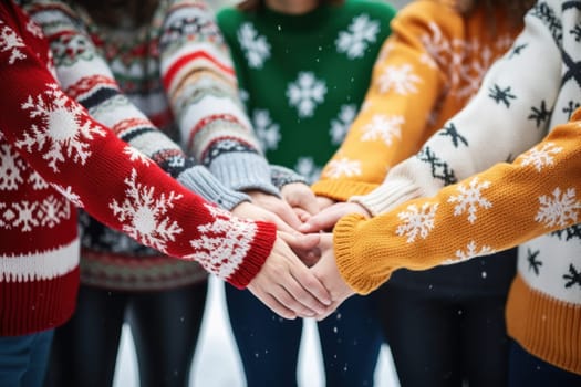 people wearing ugly sweater in circle hand united. Generative AI.