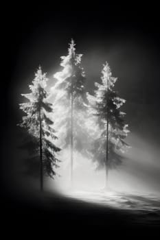 Black and white landscape of misty mountains with a stand of trees - Generative AI