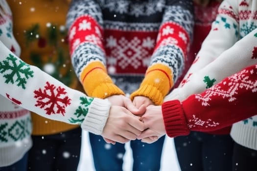 people wearing ugly sweater in circle hand united. Generative AI.