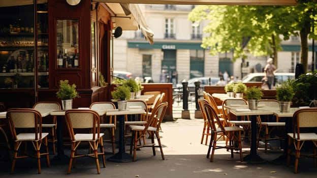 Serene Parisian cafe terrace, inviting with its empty chairs and tables awaiting the day's visitors - Generative AI