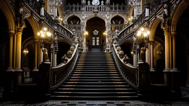 Ornate grand staircase with intricate carvings and glowing chandeliers in a lavish setting - Generative AI