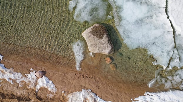 Drone shot of Georgian Bay Ice Pack Breaking Up and Melting in February due to Warming Climate