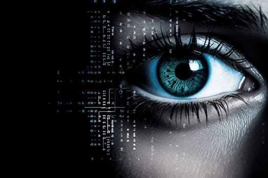 Futuristic woman eye display cyberspace concept science. AI generative.