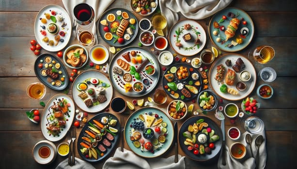 Array of Gourmet Dishes: Appetizers, Main Courses, Desserts, and Beverages. High quality illustration