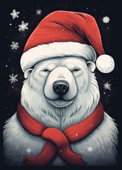 A white polar bear in a red Santa Claus hat. New year or Christmas concept. Generative AI.