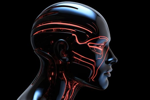 Head of a cyborg robot, digital illustration generative AI.