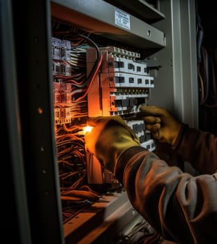 a A engineer electrician works in a switchboard with an electrical connecting cable. ai generative.