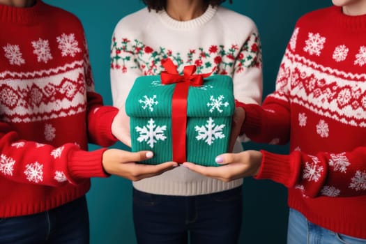 people wearing ugly sweater in circle hand united. Generative AI.