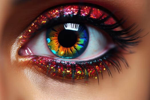 Close-up of a woman's eye in multicolor make up. Generative AI technology..