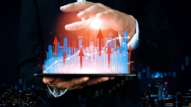 Double Exposure Image of Business and Finance - Businessman with report chart up forward to financial profit growth of stock market investment. uds
