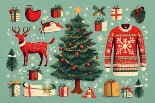 illustration of a pattern of ugly Christmas sweaters for wallpapers. AI generative.