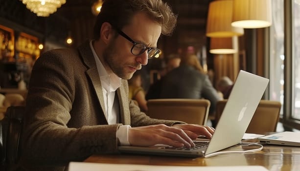 A man works for laptops in a cafe. Business environment. High quality photo