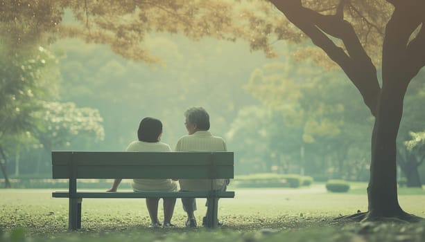 An elderly couple is sitting in the park. High quality photo