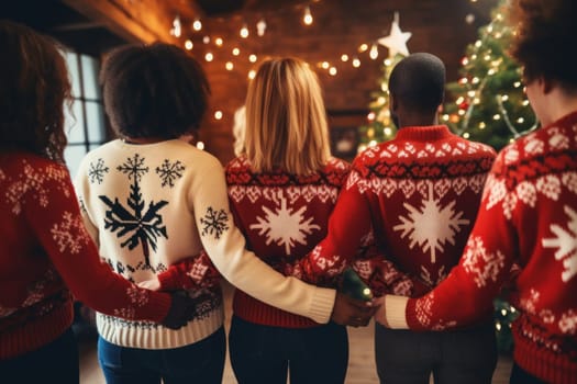 people wearing ugly sweater in circle hand united. Generative AI.