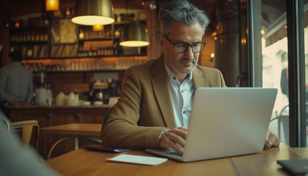 A man works for laptops in a cafe. Business environment. High quality photo