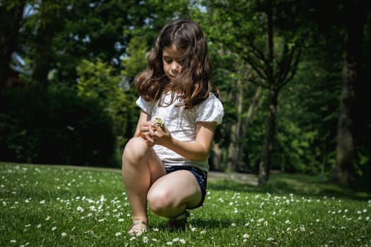 Portrait of one beautiful Caucasian brunette girl squatting holding in her hands a collected bouquet of meadow daisies on a summer day in a public park, close-up side view.