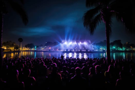 cheering crowd at concert in front of bright lights on beach . AI generative.