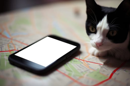 lose and found pet cat and dog on GPS map. AI generative.
